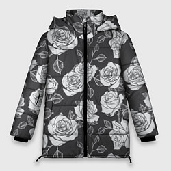 Куртка зимняя женская Нарисованные белые розы, цвет: 3D-черный