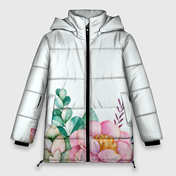 Куртка зимняя женская Цветы нарисованные акварелью - снизу, цвет: 3D-красный