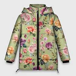 Женская зимняя куртка Акварельные цветы - паттерн зеленый