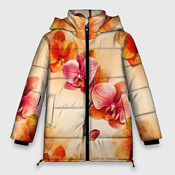 Куртка зимняя женская Акварельные цветы - персиковый паттерн, цвет: 3D-красный