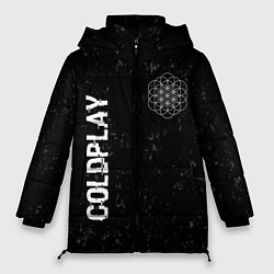 Куртка зимняя женская Coldplay glitch на темном фоне: надпись, символ, цвет: 3D-черный