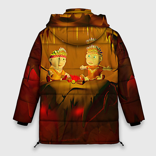 Женская зимняя куртка Два индейца у костра в пещере / 3D-Красный – фото 2