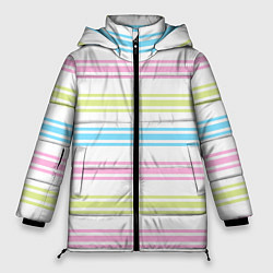 Куртка зимняя женская Розовые и бирюзовые полосы на белом, цвет: 3D-светло-серый