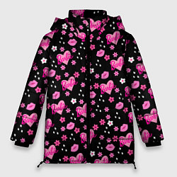 Женская зимняя куртка Черный фон, барби и цветы