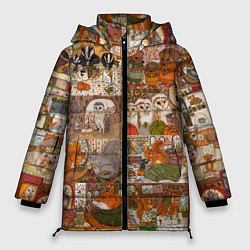 Женская зимняя куртка Коллаж из сказочных зверей - совы, белки, ёжики