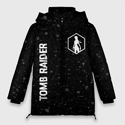 Женская зимняя куртка Tomb Raider glitch на темном фоне: надпись, символ