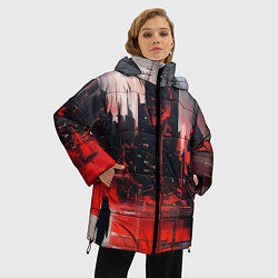 Куртка зимняя женская Нарисованный город с силуэтом человека, цвет: 3D-красный — фото 2