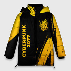Куртка зимняя женская Cyberpunk 2077 - gold gradient: надпись, символ, цвет: 3D-черный