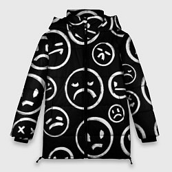 Куртка зимняя женская Грустные черно-белые смайлики, цвет: 3D-черный