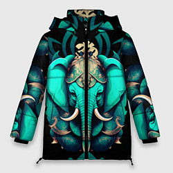 Куртка зимняя женская Бирюзовый слон с узорами и лотосом, цвет: 3D-черный