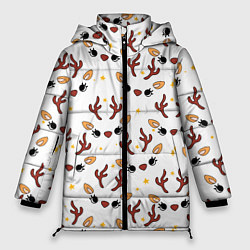 Куртка зимняя женская Оленьи мордочки новогодний узор, цвет: 3D-черный