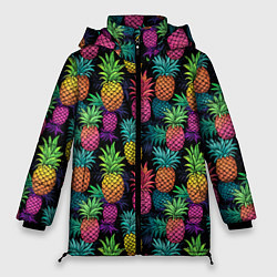 Куртка зимняя женская Разноцветные ананасы паттерн, цвет: 3D-черный