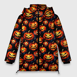 Куртка зимняя женская Весёлые тыквы на Хеллоуин паттерн, цвет: 3D-красный