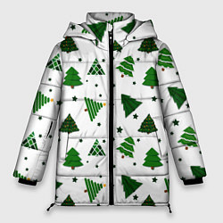 Куртка зимняя женская Узор с зелеными елочками, цвет: 3D-черный