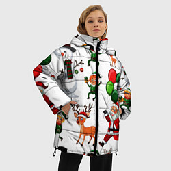 Куртка зимняя женская Зимний праздник - деды морозы гномы олени, цвет: 3D-красный — фото 2