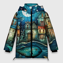 Куртка зимняя женская Сказочные рыбовы в стиле фолк-арт», цвет: 3D-черный