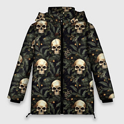 Куртка зимняя женская Череп, шишки и хвойные ветки, цвет: 3D-черный