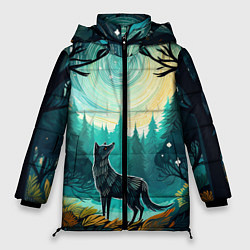 Женская зимняя куртка Волк в ночном лесу фолк-арт