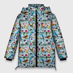 Куртка зимняя женская Вязаные птички паттерн, цвет: 3D-черный