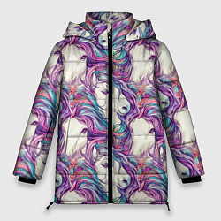 Куртка зимняя женская Морды лошади фиолетовый паттерн, цвет: 3D-светло-серый