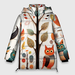 Женская зимняя куртка Совы в осеннем лесу в стиле фолк-арт