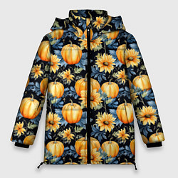 Куртка зимняя женская Паттерн тыквы и цветы, цвет: 3D-черный
