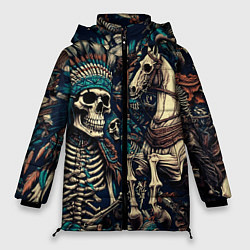 Женская зимняя куртка Татуировка скелета индейца и ковбоя в техасе