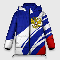 Куртка зимняя женская Герб России на абстрактных полосах, цвет: 3D-красный