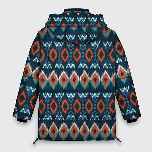 Женская зимняя куртка Орнамент икат синий оранжевый / 3D-Красный – фото 2