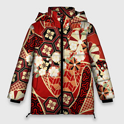 Куртка зимняя женская Японские хризантемы с сакурой, цвет: 3D-черный