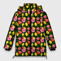 Куртка зимняя женская Разноцветные тюльпаны, цвет: 3D-светло-серый