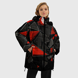 Куртка зимняя женская Черные и красные треугольные частицы, цвет: 3D-красный — фото 2