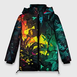 Куртка зимняя женская Яркие разноцветные абстрактные листья, цвет: 3D-черный
