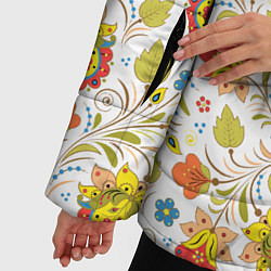 Куртка зимняя женская Хохломская роспись разноцветные цветы на белом фон, цвет: 3D-черный — фото 2
