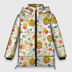 Женская зимняя куртка Хохломская роспись разноцветные цветы на белом фон