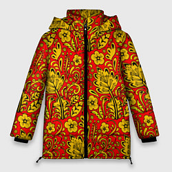 Куртка зимняя женская Хохломская роспись золотистые цветы на красном фон, цвет: 3D-черный