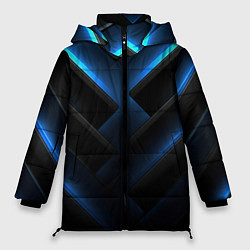 Куртка зимняя женская Черный абстрактный фон и синие неоновые вставки, цвет: 3D-светло-серый