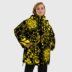 Куртка зимняя женская Хохломская роспись золотые цветы на чёроном фоне, цвет: 3D-черный — фото 2