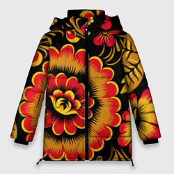 Куртка зимняя женская Хохломская роспись красно-жёлтые цветы на чёрном ф, цвет: 3D-красный