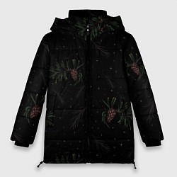 Куртка зимняя женская Ветка елки с шишками на черном фоне, цвет: 3D-черный