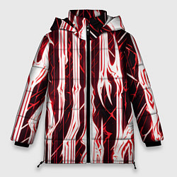 Куртка зимняя женская Красные неоновые полосы на чёрном фоне, цвет: 3D-черный