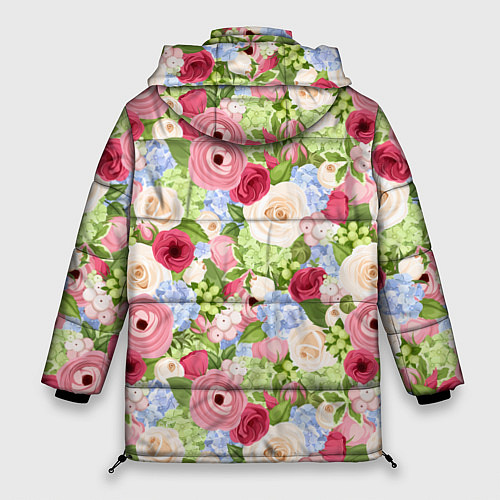 Женская зимняя куртка Фон с розами, лютиками и гортензиями / 3D-Красный – фото 2