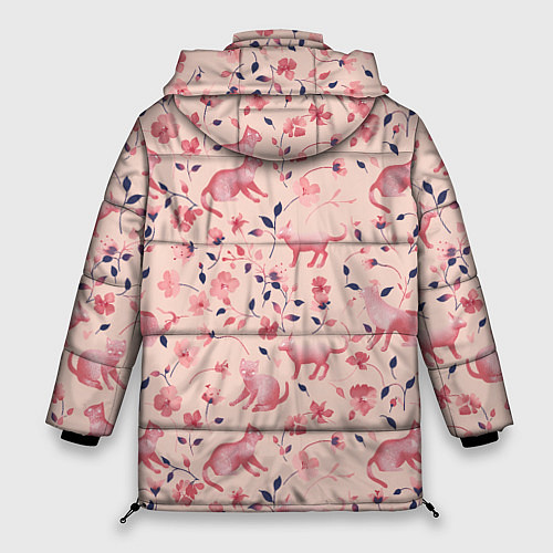 Женская зимняя куртка Розовый паттерн с цветами и котиками / 3D-Красный – фото 2