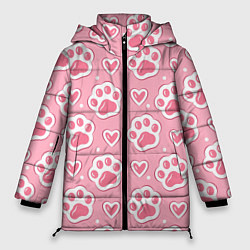 Куртка зимняя женская Кошачьи лапки и сердечки, цвет: 3D-красный