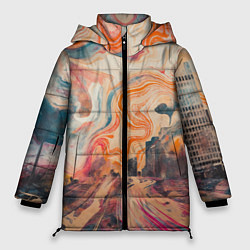 Куртка зимняя женская Абстрактный город и разноцветные краски, цвет: 3D-красный