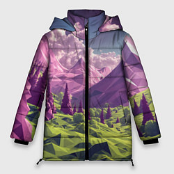 Куртка зимняя женская Геометрический зеленый пейзаж и фиолетовые горы, цвет: 3D-красный