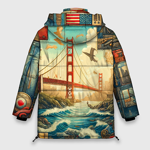 Женская зимняя куртка Мост через реку и пэчворк - нейросеть арт USA brid / 3D-Красный – фото 2