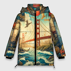 Женская зимняя куртка Мост через реку и пэчворк - нейросеть арт USA brid