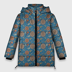 Куртка зимняя женская Цветочный узор в стиле бохо на синем, цвет: 3D-черный