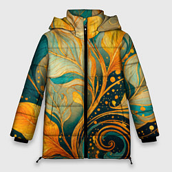 Женская зимняя куртка Золотые и бирюзовые листья абстракция